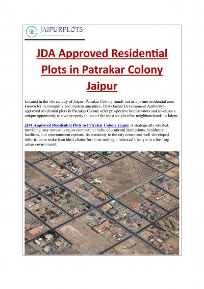 JDA Approved Residential Plots in Patrakar Colony Jaipur