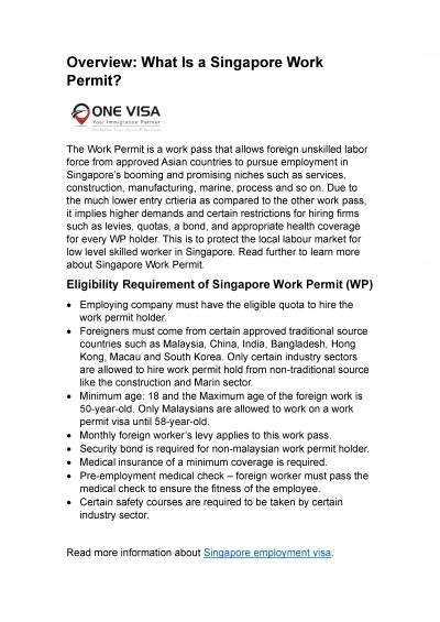 Overview What Is a Singapore Work Permit