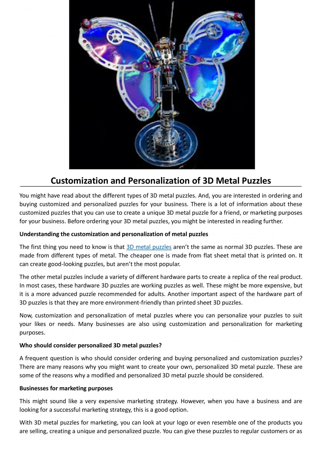 PDF-Customization and Personalization of 3D Metal Puzzles