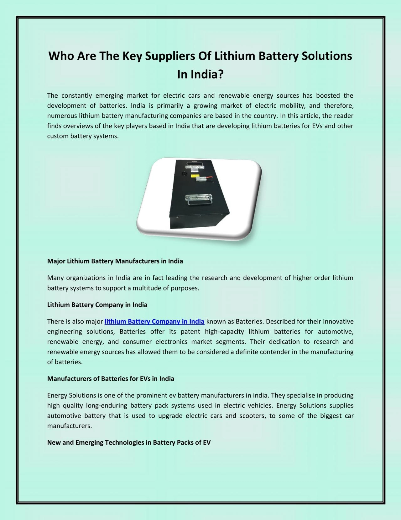 PDF-Who Are The Key Suppliers Of Lithium Battery Solutions In India?