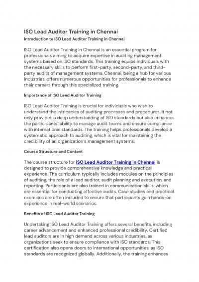 ISO Lead Auditor Training in Chennai