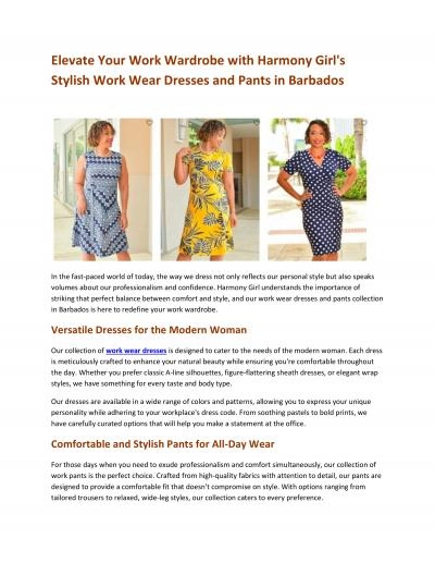 Elevate Your Work Wardrobe with Harmony Girl\'s Stylish Work Wear Dresses and Pants in Barbados