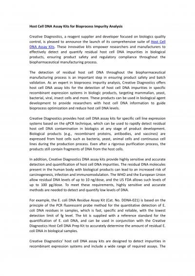Host Cell DNA Assay Kits for Bioprocess Impurity Analysis
