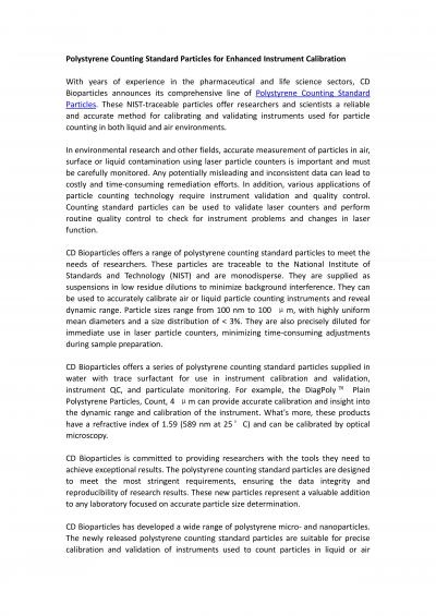 Polystyrene Counting Standard Particles for Enhanced Instrument Calibration