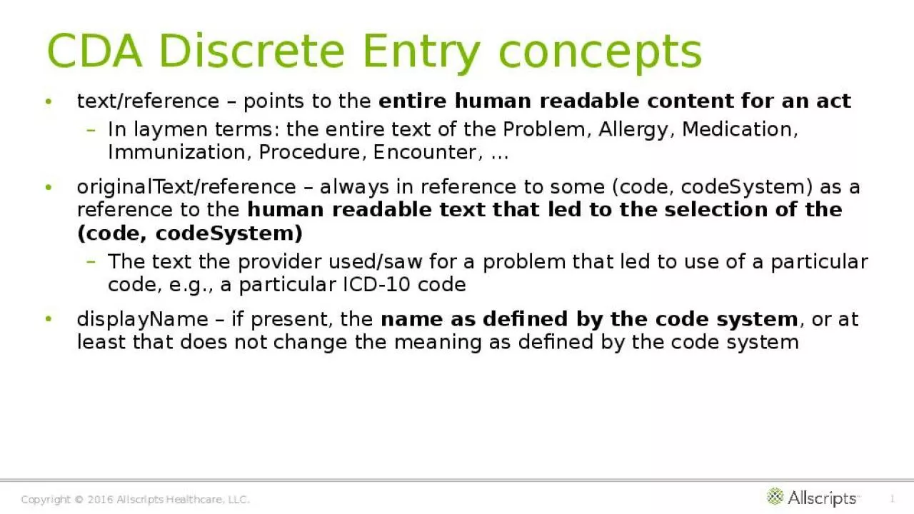 PPT-CDA Discrete Entry concepts