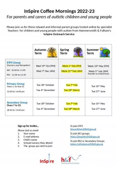 Please join us for these relaxed and informal parent groups hosted online by specialist Teachers  f