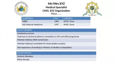 Mr/ Mrs  XYZ Medical Specialist