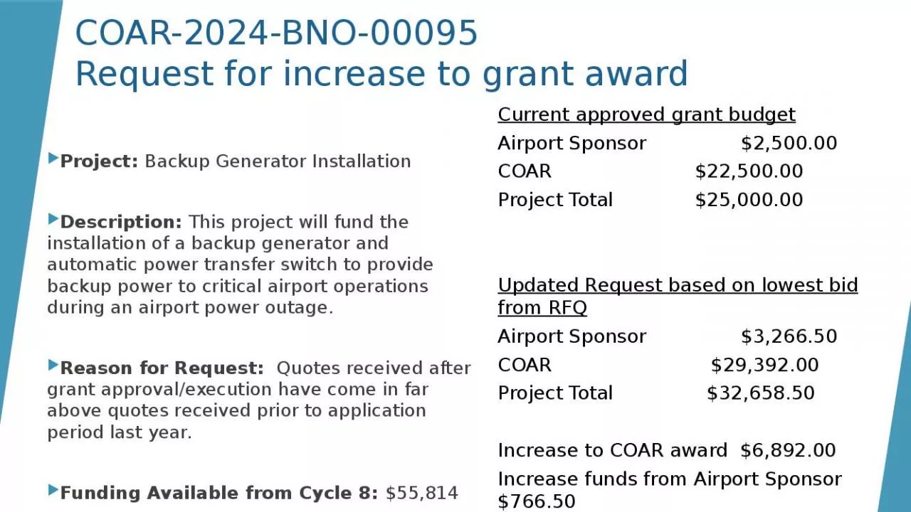 PPT-COAR-2024-BNO-00095 Request for increase to grant award