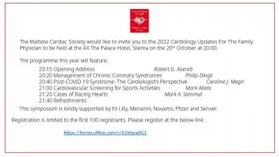 The Maltese Cardiac Society would like to invite you to the 2022 Cardiology Updates For