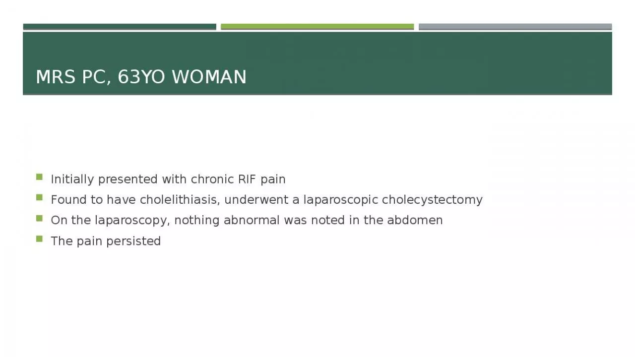 PPT-Mrs PC, 63yo woman Initially presented with chronic RIF pain