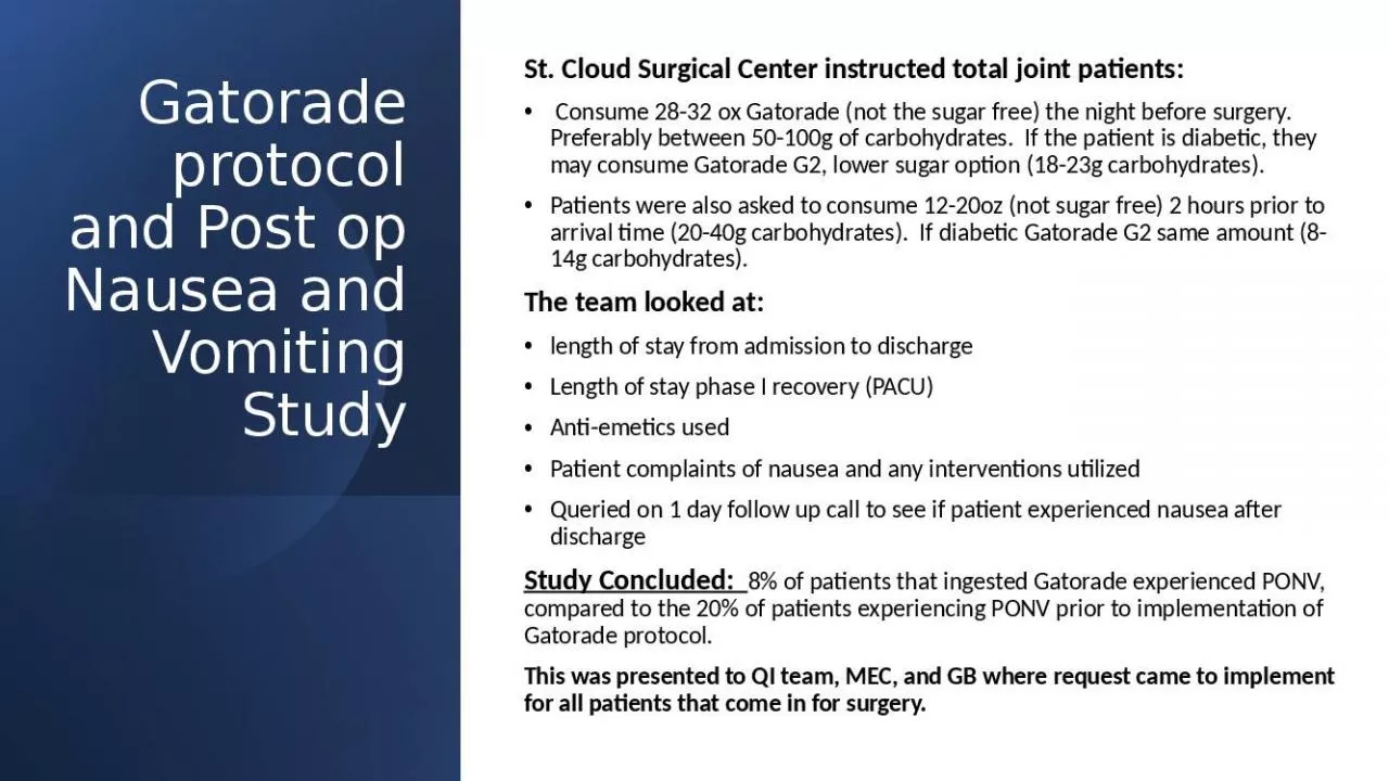 PPT-Gatorade protocol and Post op Nausea and Vomiting Study