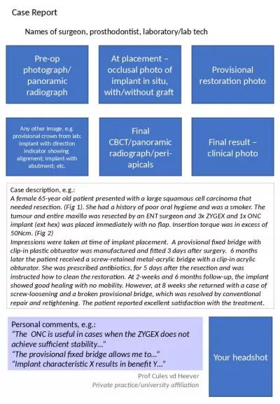 Case Report Names of surgeon, prosthodontist, laboratory/lab tech