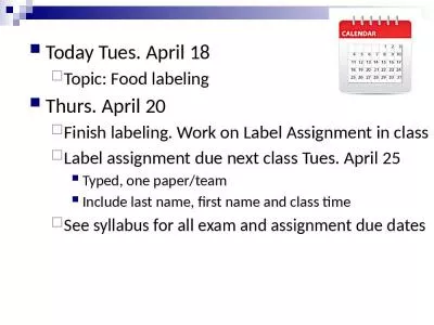 Today Tues.  April 18 Topic: Food labeling