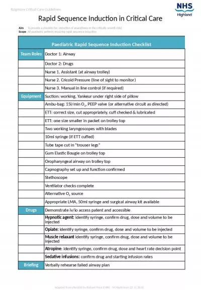 Aim        To provide a checklist for  induction of anaesthesia in the critically unwell