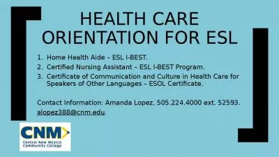 HEALTH CARE ORIENTATION FOR ESL