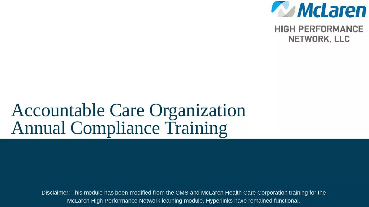 PPT-Accountable Care Organization Annual Compliance Training