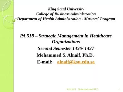 King Saud University College of Business Administration Department of Health Administration - Masters` Program