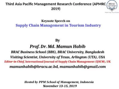 Third Asia Pacific Management Research Conference (APMRC 2019)   Keynote Speech on   