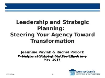 Leadership and Strategic Planning:   Steering Your Agency Toward Transformation Jeannine Pavlak & Rachel Pollock National Subject Matter Experts