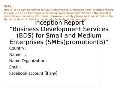 Inception Report Business Development Services (BDS) for Small and Medium Enterprises (SMEs)promotion(B)