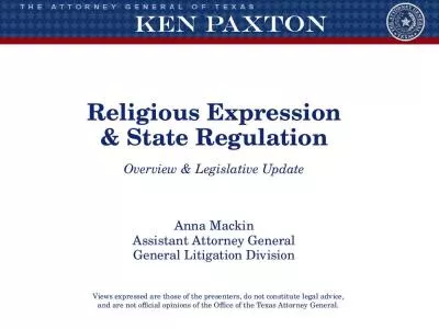 Religious Expression & State Regulation Overview & Legislative Update