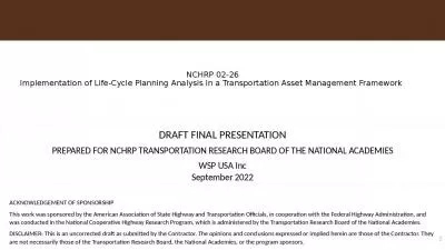 NCHRP 02-26 Implementation of Life-Cycle Planning Analysis in a Transportation Asset Management