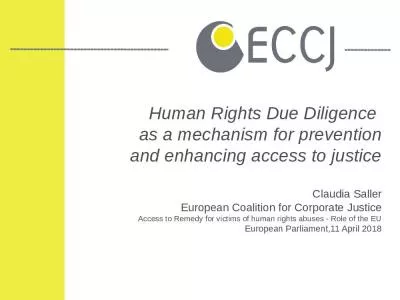 Human Rights Due Diligence  as a mechanism for prevention and enhancing access to justice Claudia Saller European Coalition for Corporate Justice Access to Remedy for victims of human rights abuses - Role of the EU European Parliament,11 April 2018