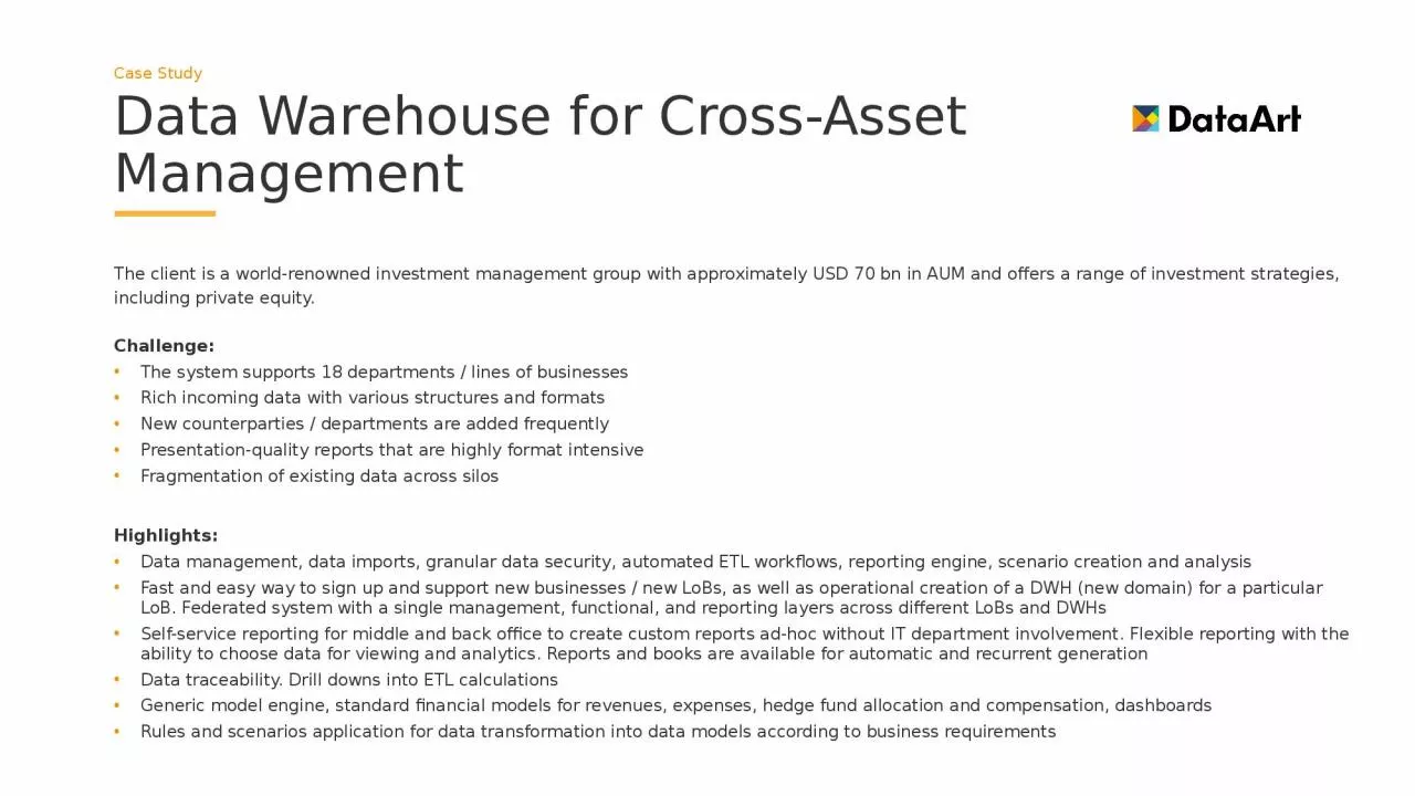 PPT-Data Warehouse for Cross-Asset Management