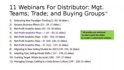 11 Webinars For Distributor: Mgt. Teams; Trade; and Buying Groups*