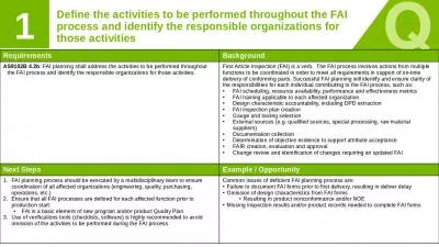 Define the activities to be performed throughout the FAI process and identify the responsible organizations for those activities