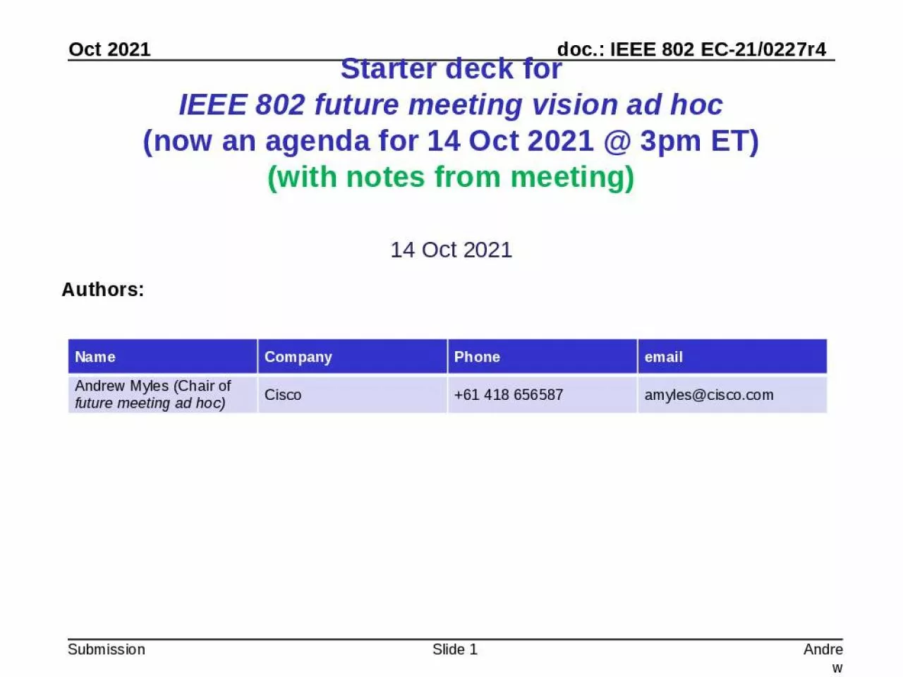 PPT-Starter deck for IEEE 802 future meeting vision ad hoc (now an agenda for 14 Oct 2021