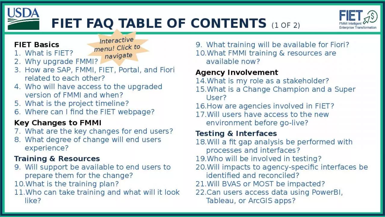 PPT-FIET FAQ TABLE OF CONTENTS (1 of 2)