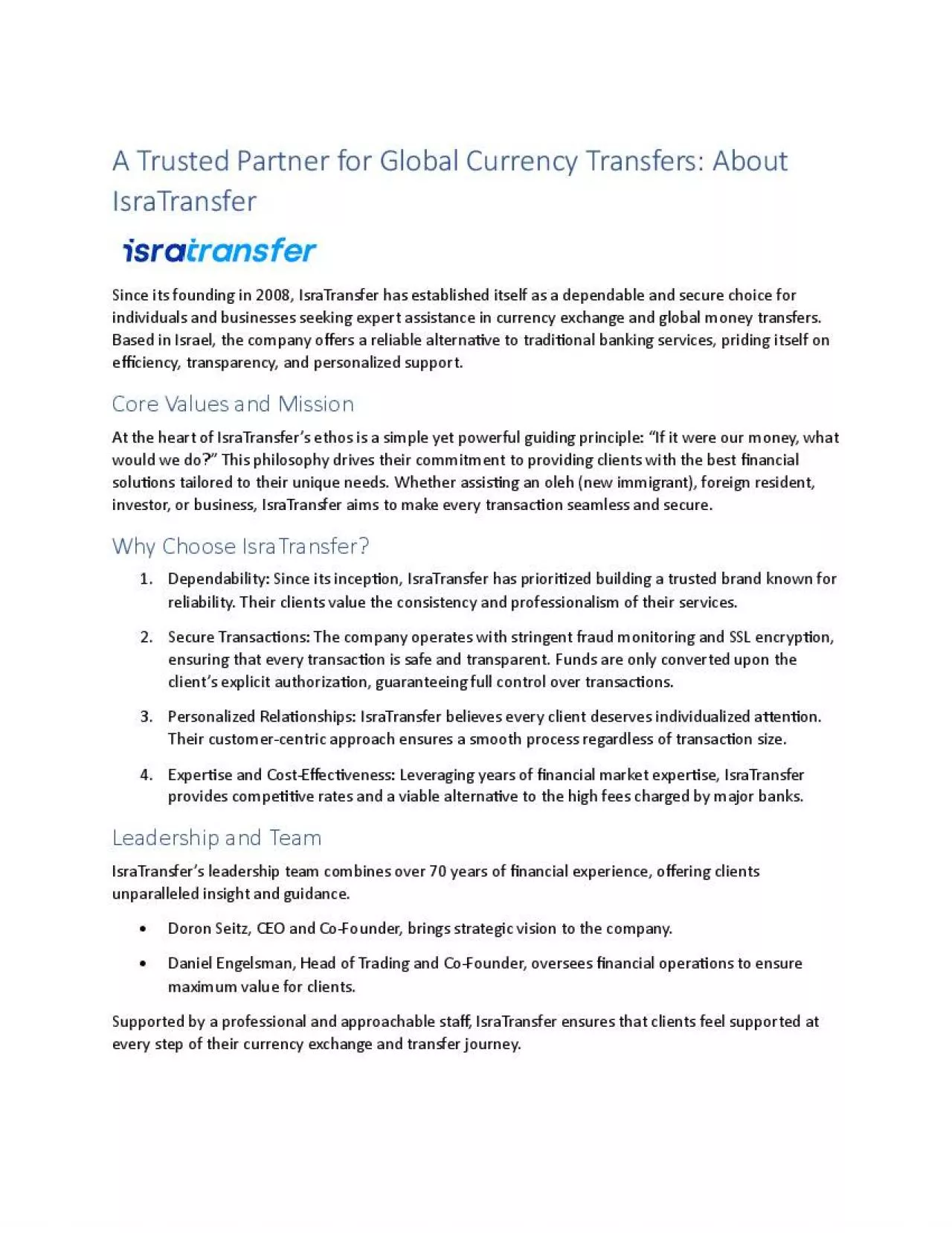 PDF-A Trusted Partner for Global Currency Transfers: About IsraTransfer