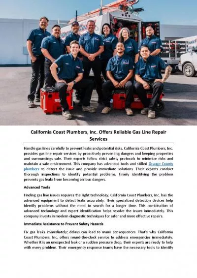 California Coast Plumbers, Inc. Offers Reliable Gas Line Repair Services