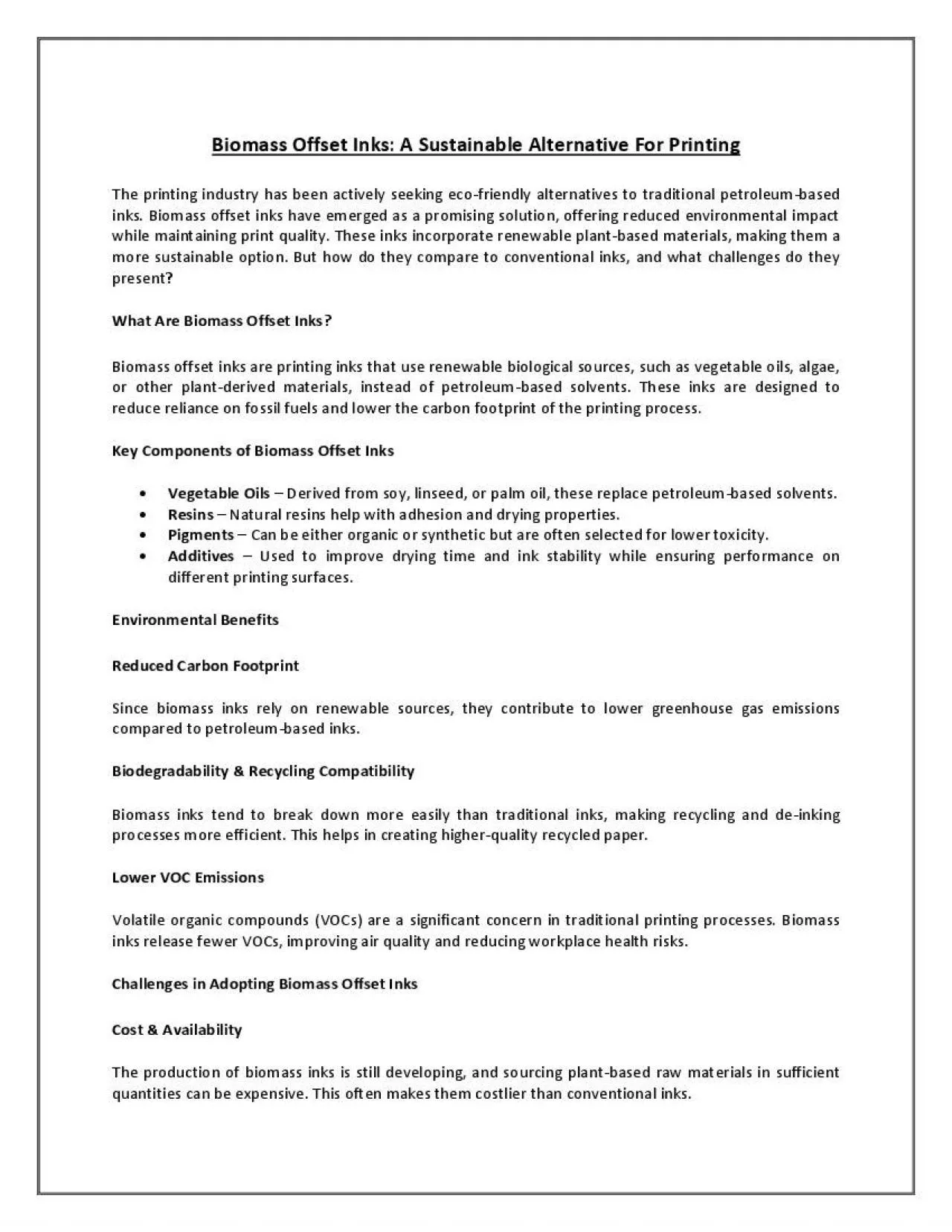 PDF-Biomass Offset Inks: A Sustainable Alternative for Printing