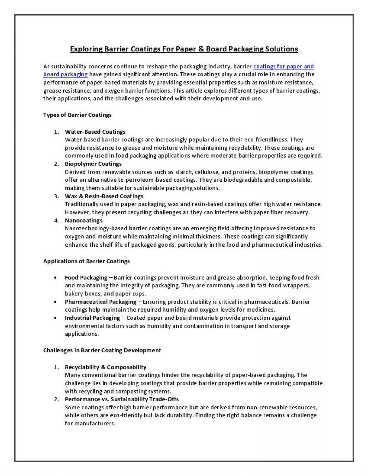 PDF-Exploring Barrier Coatings for Paper & Board Packaging Solutions