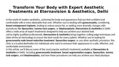 Transform Your Body with Expert Aesthetic Treatments at Eternavision & Aesthetics, Delhi