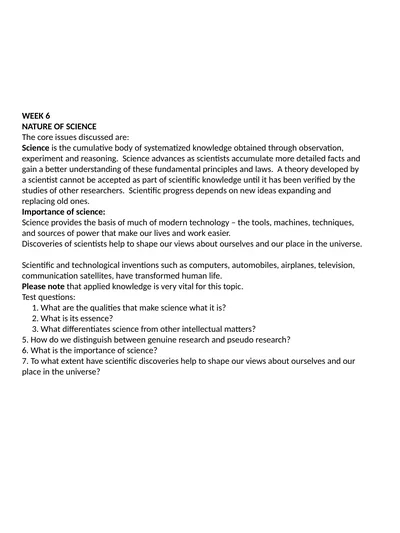 WEEK 6 NATURE OF SCIENCE The core issues discussed