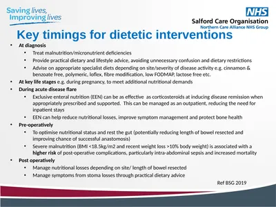 Key timings for dietetic interventions At