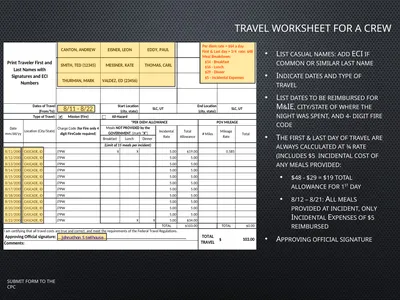 Travel worksheet for a crew List casual names: add