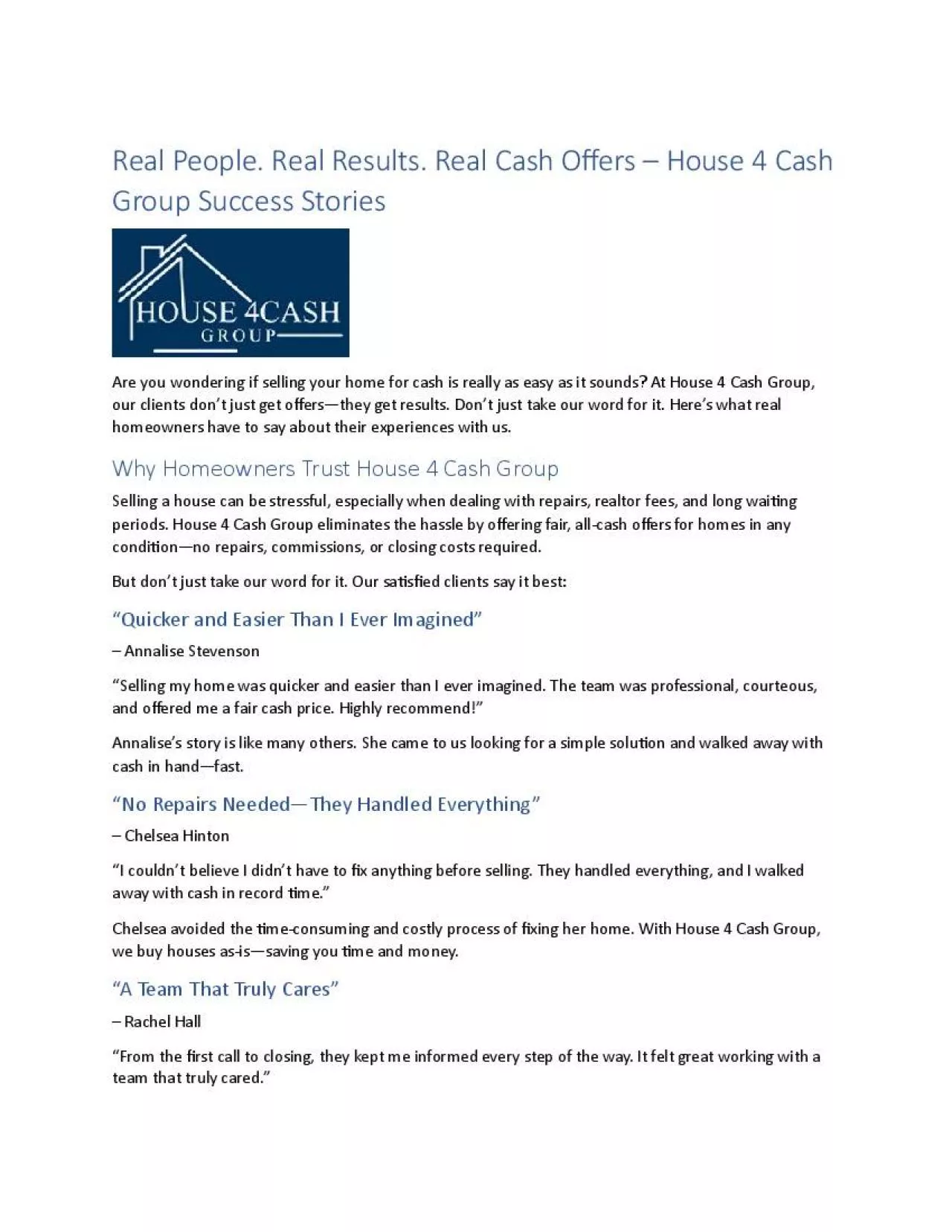 PDF-Real People. Real Results. Real Cash Offers – House 4 Cash Group Success Stories