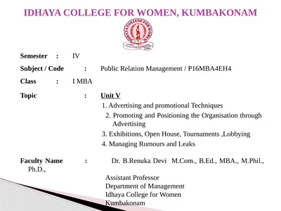 Semester : IV Subject / Code : Public Relation