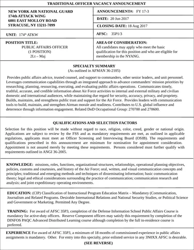 TRADITIONAL OFFICER VACANCY ANNOUNCEMENT NEW YORK