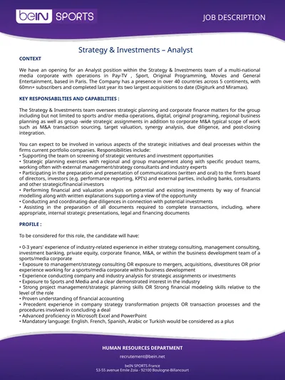 JOB DESCRIPTION HUMAN RESOURCES DEPARTMENT