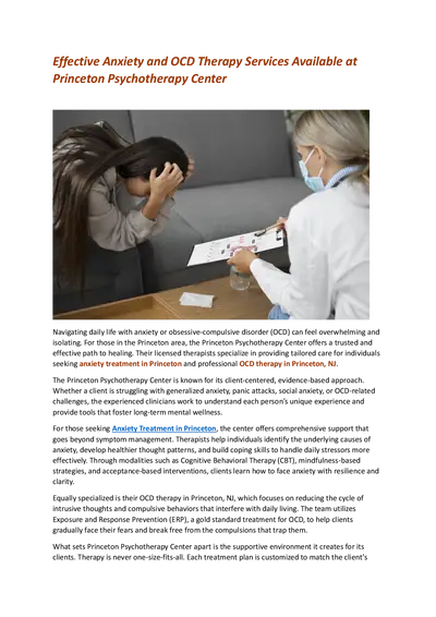 Effective Anxiety and OCD Therapy Services Available at Princeton Psychotherapy Center