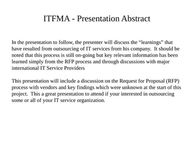 ITFMA - Presentation Abstract In the presentation