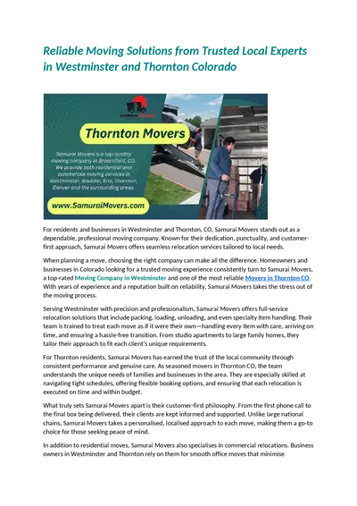 Reliable Moving Solutions from Trusted Local Experts in Westminster and Thornton Colorado