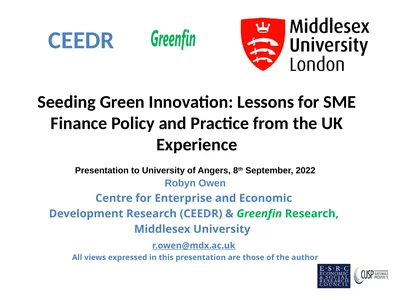 Seeding Green Innovation: Lessons for SME Finance