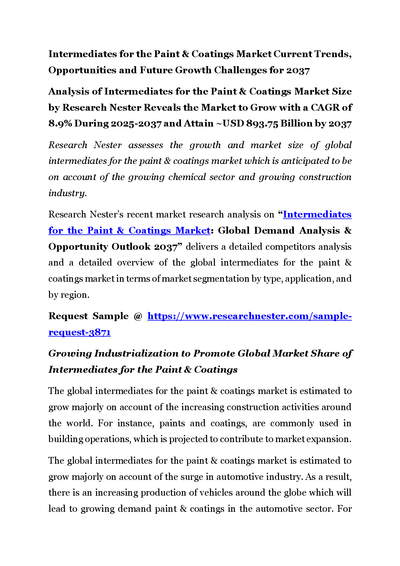 Intermediates for the Paint & Coatings Market Current Trends, Opportunities and Future Growth Challenges for 2037