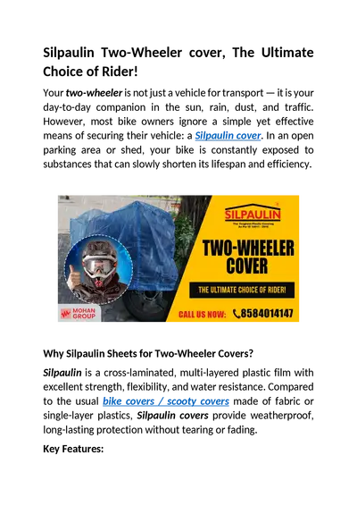 Silpaulin Two-Wheeler cover, The Ultimate Choice of Rider!